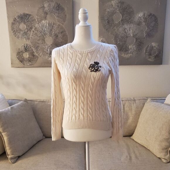 ✨ RALPH LAUREN ✨ Crest Cable-Knit Sweater - [Ivory, XXS] - Picture 3 of 13